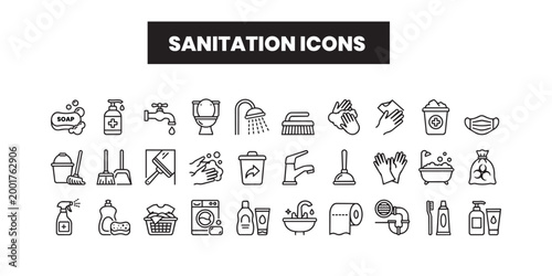 Set of 30 outline icons related to sanitation and hygiene. 
Linear icon collection. Editable stroke. Vector illustration