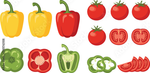 Bell Pepper and Tomato Vegetable Collection with Whole and Sliced Fresh Produce Set for Healthy Cooking Food Ingredient Vector Illustration