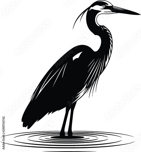 Elegant heron silhouette a black and white waterbird illustration