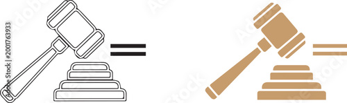 Judge gavel and equality symbol icon set outline and solid style law justice concept isolated modern vector illustration design
