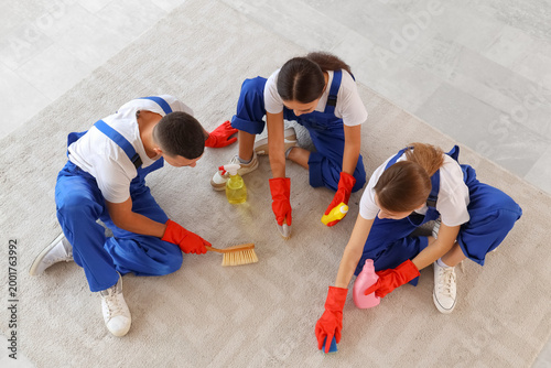 Team of young janitors clea...