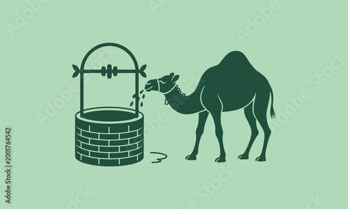Dark silhouette of a camel drinking from a well with water splashes are visible