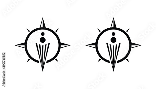 Compass rose navigation symbol icons in black and white line art and solid silhouette style for nautical and travel branding design projects