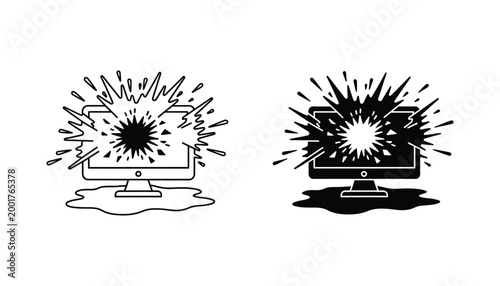Computer monitor screen explosion error icons in black and white line art and solid graphic style for technical support and software crash concept design