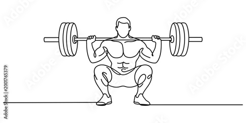 Continuous single line drawing of a muscular man doing a heavy barbell squat exercise in the gym Vector, illustration