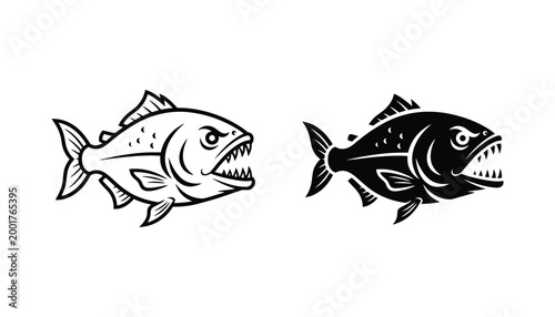 Piranha fish silhouette and line art icons with sharp teeth for fishing and wildlife design projects featuring aggressive predator illustration