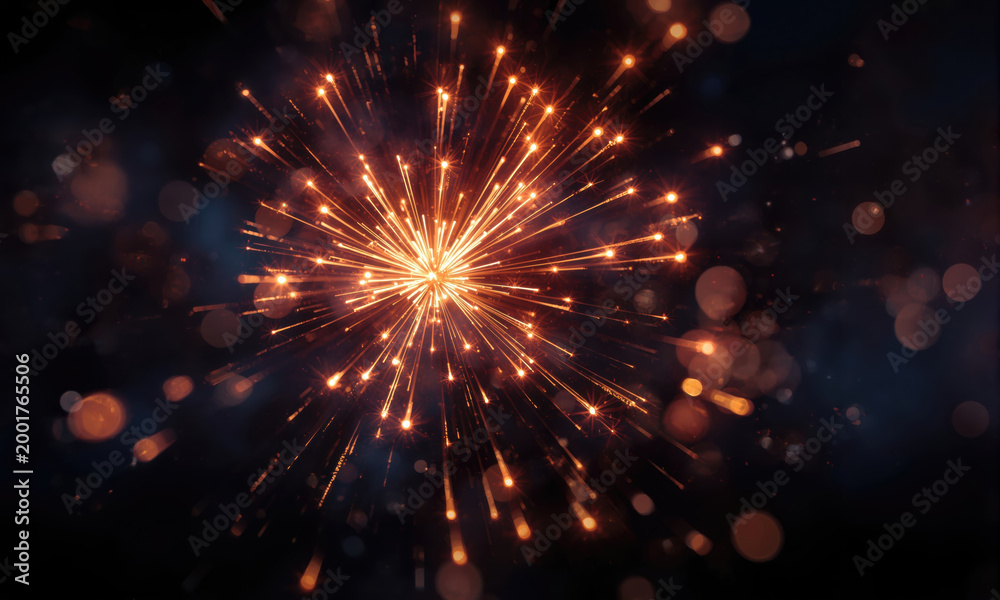 Obraz premium Radiant Amber Firework Explosion Bursting with Energy Representing Celebration and Festive Joy for Dynamic Holiday Poster Template Design