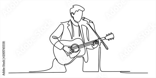 Continuous single line drawing of a man playing acoustic guitar and singing into a microphone on stage during a live musical performance Vector, illustration