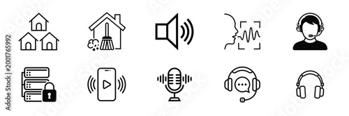 Black and white icon set religious buildings audio equipment and communication devices