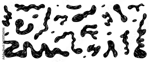 Organic geometric crayon abstract shapes and freeform amoeba blobs with fluid blob forms for design decoration. A playful set of vector stains, wavy curves, and uneven pencil sketches.