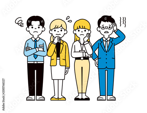 困る・悩む・考える表情・ポーズの、若い男性社員と女性社員の全身ベクターイラスト素材セット