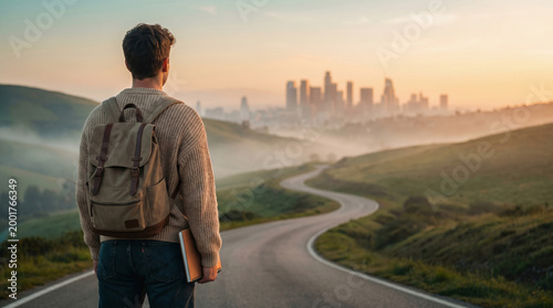 long term student goals study concept. Man with backpack looking at city skyline from winding road at sunset