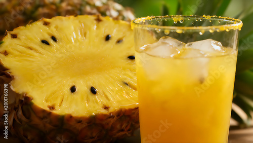 A glass of vibrant yellow pineapple juice filled with ice cubes sits next to a freshly cut pineapple half. Bright warm sunlight creates a refreshing tropical summer mood.