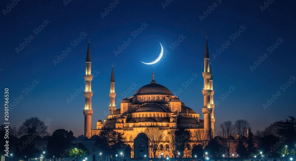 Fototapeta premium Beautiful mosque at night with a crescent moon in the sky