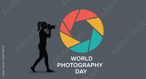 Silhouette of a photographer taking pictures with a camera during World Photography Day celebration against a plain