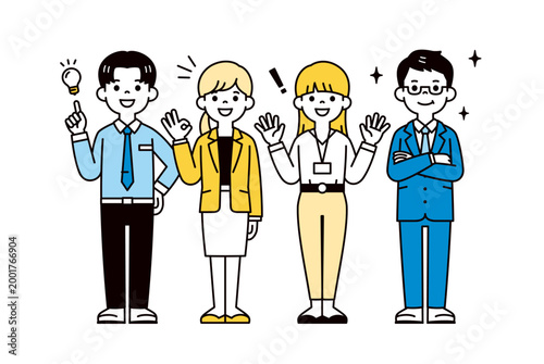 ポジティブな表情・ポーズの、スーツを着たビジネスパーソンの全身ベクターイラスト素材セット