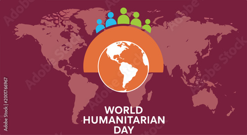 Colorful human figures holding hands around a globe symbolizing unity and world humanitarian day celebration
