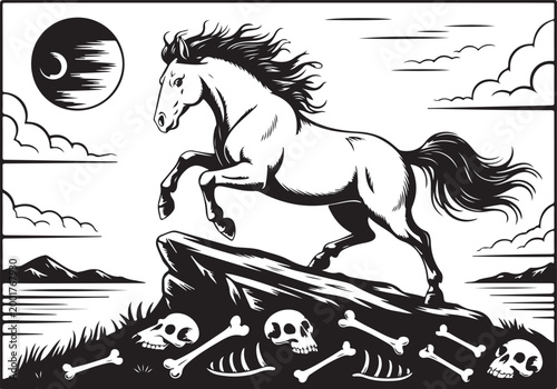 A wild black stallion silhouette and a cartoon pony vector illustration show a horse and rider running through the snow as this equine nature symbol gallops past a farm