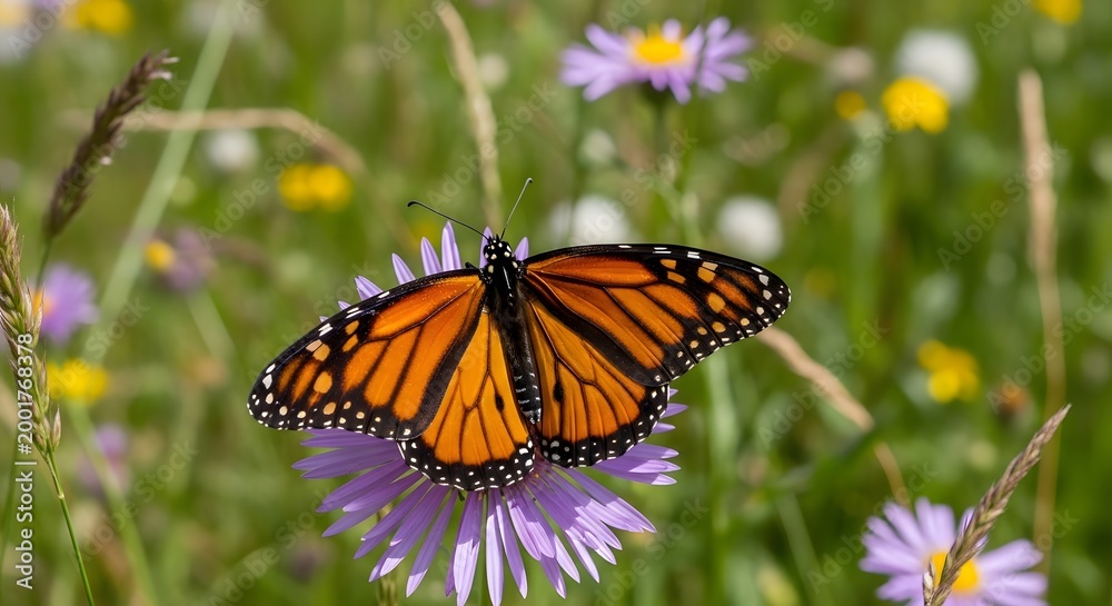 Obraz premium Beautiful monarch butterfly resting on a purple wildflower in a green meadow