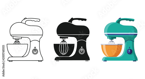 Colorful collection of modern kitchen stand mixers in various colors with mixing bowls on a white background