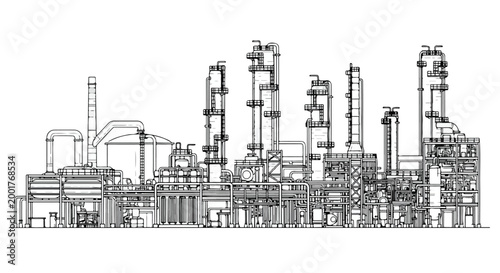 Detailed industrial refinery factory plant line art vector illustration