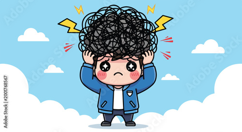 Cute cartoon boy with curly hair wearing a blue jacket holding his head in frustration or confusion outdoors