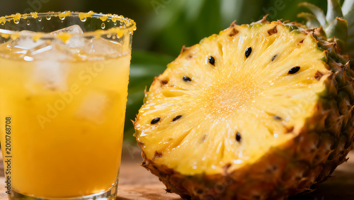Close up of a glass with chilled pineapple juice and ice cubes next to a ripe halved pineapple against a soft green background.