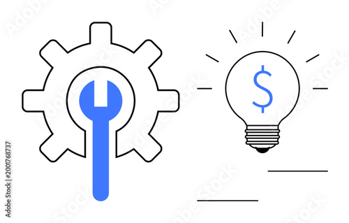Innovation, finance, business strategy, economic growth, productivity, problem solving. Gear with wrench beside light bulb with dollar sign. Innovation and finance concepts