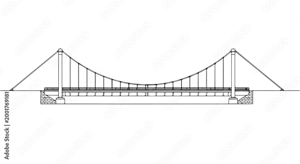 Obraz premium Modern Suspension Bridge Vector Illustration Architecture Line Drawing