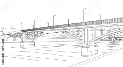 Modern City Bridge Over River Line Art Vector Illustration Background