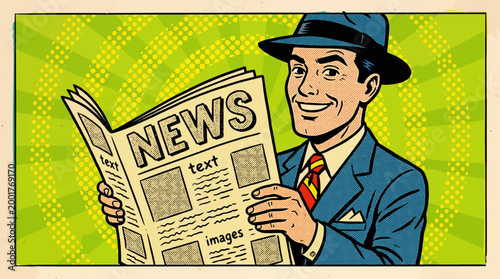 Vintage pop art illustration of a smiling businessman in a blue suit reading a newspaper against a bold retro background.