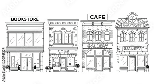 City Street Store Front Vector Illustration Line Art Coloring Page