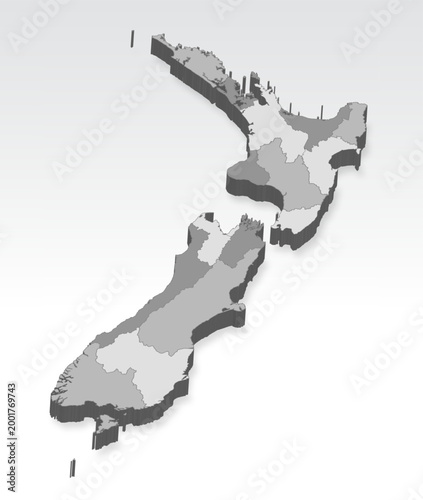 3D  New Zealand map with all Provinces in gray. Three dimensional map New Zealand with shadow. Map of New Zealand on white background for your design, app, UI.  EPS10.