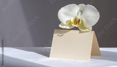 White Orchid and Blank Greeting Card in Soft Sunlight