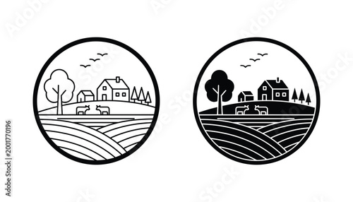 Countryside farm landscape circular badge icon set with house and grazing cows in outline and solid black styles for agricultural and nature themed branding