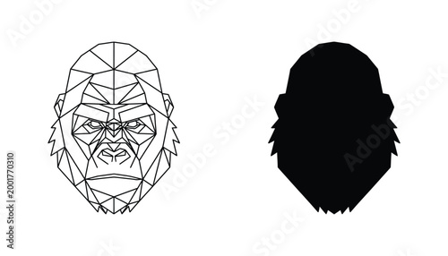 Geometric gorilla head portrait in low poly style with outline and solid black silhouette versions for wildlife conservation and mascot branding
