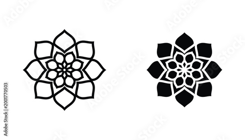 Geometric mandala flower icon in outline and solid black vector style for spiritual or wellness branding and artistic decorative design