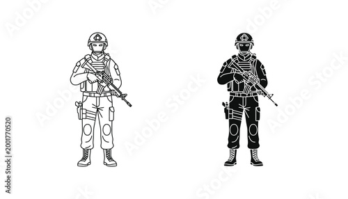 Tactical soldier in full combat gear holding assault rifle vector icons set featuring outline and black silhouette styles for military security and gaming interface design
