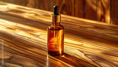 Amber Glass Dropper Bottle on Wooden Surface in Sunlight