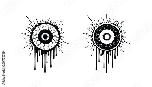 Spooky dripping eyeball vector illustration with grotesque veins and splattered ink creating a horror aesthetic for Halloween designs