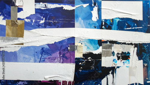 Abstract Urban Collage with Torn Paper and Blue Paint
