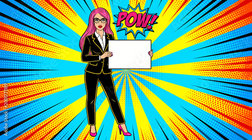 Pop art style illustration of a stylish businesswoman in a black blazer and sunglasses holding a blank sign against a vivid blue and orange radial burst background.