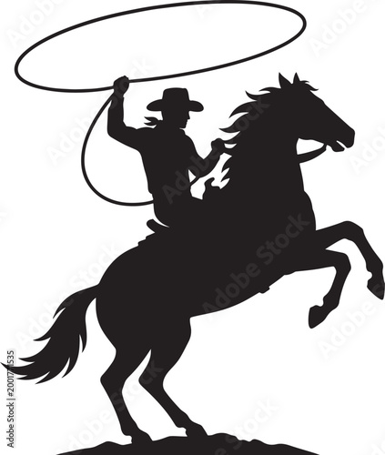 cowboy riding horse silhouette with lasso western rodeo ranch cowboy icon vector illustration