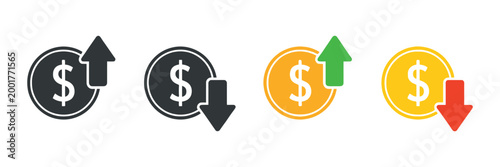 Dollar Coin Graph with Up and Down Arrows, Money Growth and Decline Concept, Currency Investment and Market Price Exchange Vector Illustration for Finance and Business Analysis