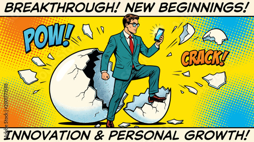 Colorful comic-style illustration of a businessman breaking through a wall, symbolizing breakthrough, innovation, and personal growth in business and motivation