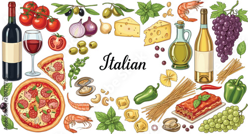 
Colorful Italian Food Collection Vector Set with Pizza Pasta Wine Cheese Vegetables and Seafood on White Background