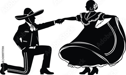 Elegant silhouette of a couple dancing traditional mexican folk dance
