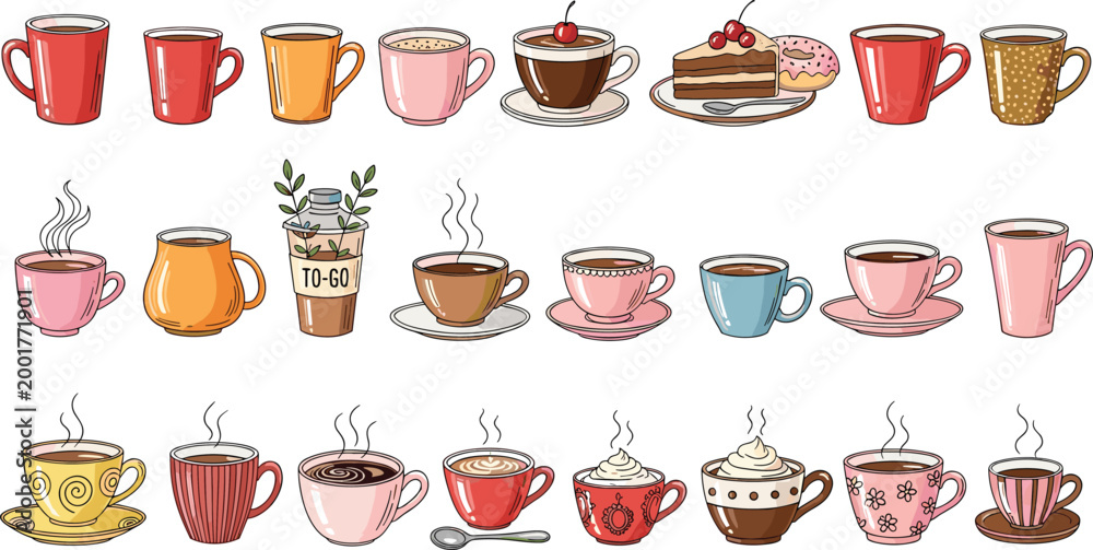 Fototapeta premium Colorful Coffee and Tea Cups Collection Vector Set with Various Mugs Takeaway and Cake on White Background