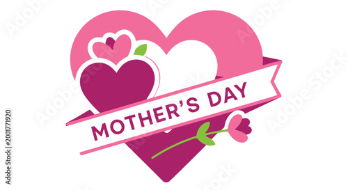 mother's day text with heart design with pink ribbon and flower