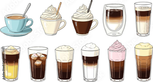 
Colorful Coffee Drinks Variety Collection Vector Set with Hot and Iced Layered Beverages in Cups and Glasses on White Background